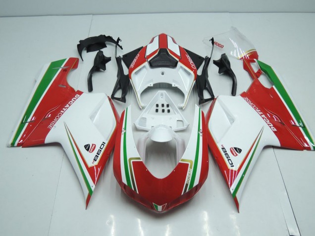 07-14 White and Red with Green Stripe Ducati 848 1098 1198 Motorcycle Fairings 07-14 White and Red with Green Stripe Ducati 848 1098 1198 Motorcycle Fairings